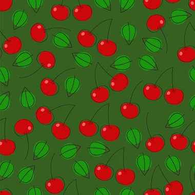 Kiraz ve yapraklarla kusursuz desen, vektör illüstrasyonu