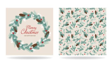 Mutlu Noeller ve yeni yıl tebrik kartı. İçinde köknar dalları ve koni çelenkleri var. Şablon seti. Vektör illüstrasyonu.