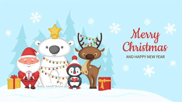 Mutlu Noeller ve mutlu yıllar tebrik kartı. Sevimli komik hayvanlar ve Noel Baba. Vektör illüstrasyonu.