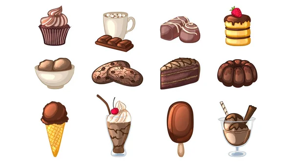 チョコレートの食べ物や飲み物 白い背景にデザートのセット 漫画風 ベクターイラスト — ストックベクタ