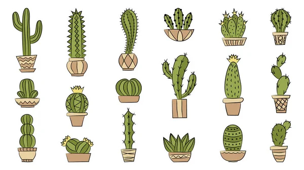 Kaktusar Handritad Stil Isolerade Objekt Vit Bakgrund Vektorillustration Vektorgrafik