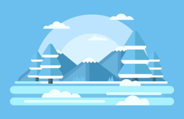 Ağaçlar ve dağlarla kaplı bir manzara. düz vektör illüstrasyonu