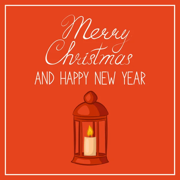 Carte Voeux Noël Avec Lanterne Bougie Sur Fond Rouge — Image vectorielle