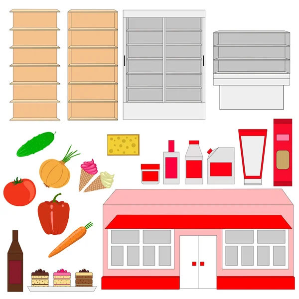 Σούπερ μάρκετ. Βιτρίνες και προϊόντα — Διανυσματικό Αρχείο