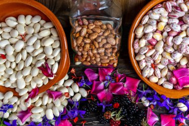 Eski ahşap bir masanın üzerinde değişik çeşit fasulyelerle dolu kaseler. İçinde böğürtlen ve çeşitli renklerde kızartma yaprakları var.