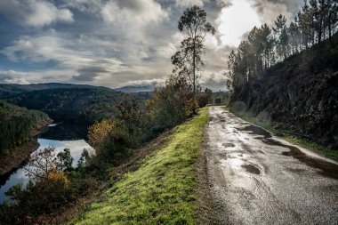 Nehir kenarındaki yol. Dağlar arasında bir nehrin kenarındaki ıslak bir kır yolunun panoramik manzarası. Dramatik bulutlar tarafından filtrelenmiş güneş ışığı seyahat kavramları, rotalar ve vahşi doğa için idealdir..