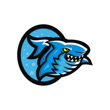 Daire logosu içinde köpekbalığı maskotu, herhangi bir iş logosu veya marka logosu için uygun..