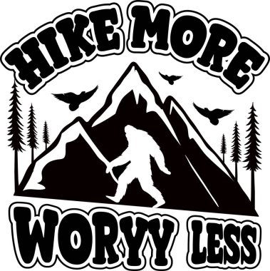 Komik Yürüyüş Daha Fazla Endişe Daha az Tasarım Koca Ayak Dağda ve orman grafik vektörü ve illüstrasyonunun ortasında yürüyor.