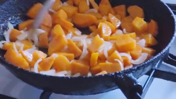 Carottes et oignons mélangés dans une casserole — Video