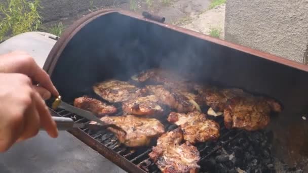 Pieces of meat on the grill — Stock Video