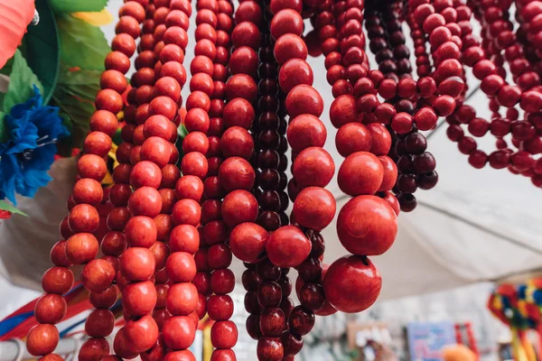 stock image Ukrainian national beads of red. Ukrainian multi-colored beads balls,Shallow focus