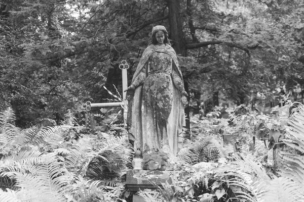 Katolické socha v gotickém slohu na hřbitově, mělké zaměření. — Stock fotografie