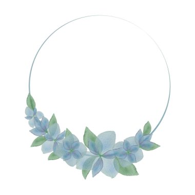 Suluboya mavi çiçekli zarif yuvarlak çerçeve çelengi