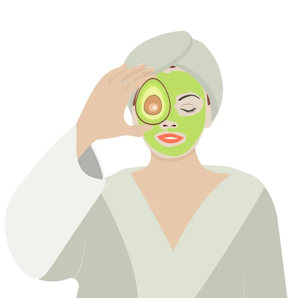 Donna Con Una Maschera Facciale Avocado Mano — Vettoriale Stock