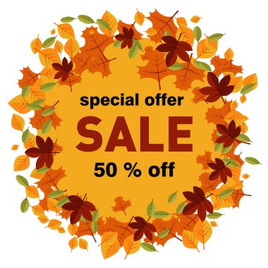   Sonbahar satışının arka planının tasarımı, afiş. Renkli bir sonbahar posteri. Parlak, güzel yapraklı, metin şeklinde. Reklam için şablon.