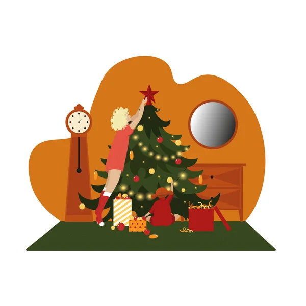 Μια Οικογένεια Στολίζει Ένα Χριστουγεννιάτικο Δέντρο Χαριτωμένο Χριστουγεννιάτικο Δέντρο Παιχνίδια — Διανυσματικό Αρχείο