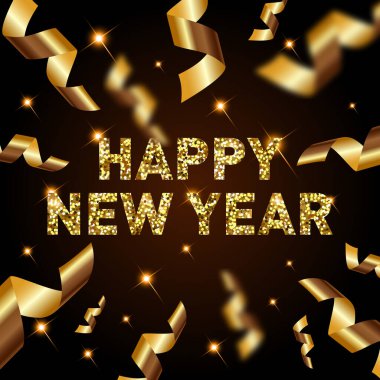  Üzerinde pullardan ve yıldızlardan oluşan uçan altın bir yılanla siyah bir zemin üzerinde yazılı bir yazı olan mutlu yeni yıl afişi. Vektör illüstrasyonu.