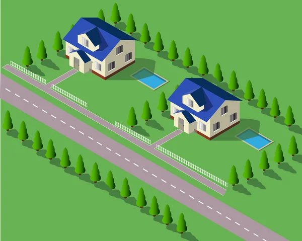 izometrik ev yol ve ağaç