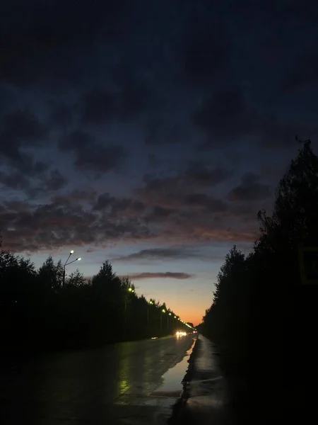 Abendliche Straßen Moskauer Gebiet Atmosphärischer Sonnenuntergang — Stockfoto