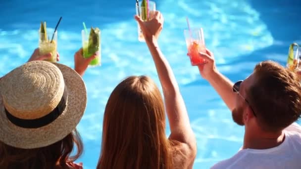Widok z tyłu przyjaciół brzęczące kieliszki z koktajlami siedzącymi przy basenie w słoneczny letni dzień. Ludzie dobrze się bawią na imprezie przy basenie, pijąc napoje w luksusowej tropikalnej willi. Zwolniony ruch. — Wideo stockowe