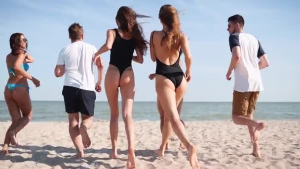 Groupe d'amis heureux courant à l'eau de mer et sautant sur la plage de sable fin. Des gens joyeux qui s'amusent au bord de la mer par une journée ensoleillée d'été. Les jeunes hommes et les jeunes femmes vont nager dans l'océan. 120 ips au ralenti . — Video