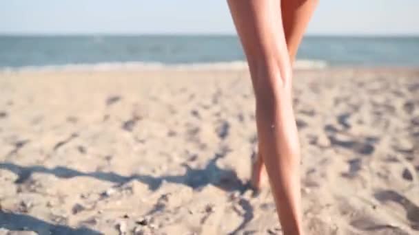 Pov sígueme la foto de una mujer guapa coqueteando con la cámara en la playa tropical caminando hacia el mar. Vista posterior de la chica botín atractivo juguetón en traje de baño llamando a unirse a ella en el baño del océano. Movimiento lento. — Vídeo de stock