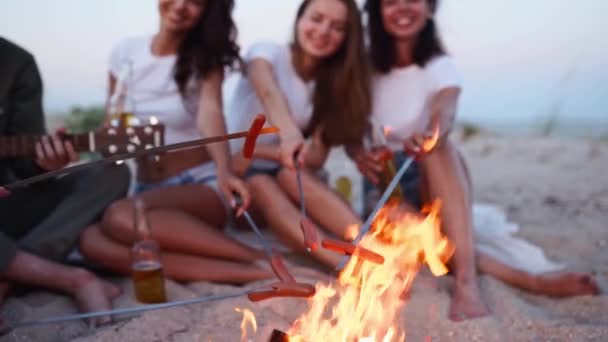 Přátelé posedávají u táboráku, pijí pivo, zpívají kytaru, smaží klobásy na písečné pláži. Mladý smíšený závod skupiny mužů a žen s nápojem singalong, vousatý chlap hrající na kytaru na party v soumraku. — Stock video