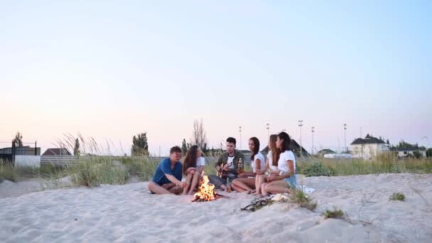 Vänner sitter runt brasan, dricker öl, sjunger för gitarr, steker korv på sandstranden. Ung blandras grupp av män och kvinnor med dryck singalong, skäggig kille spelar gitarr på fest i skymningen. — Stockvideo