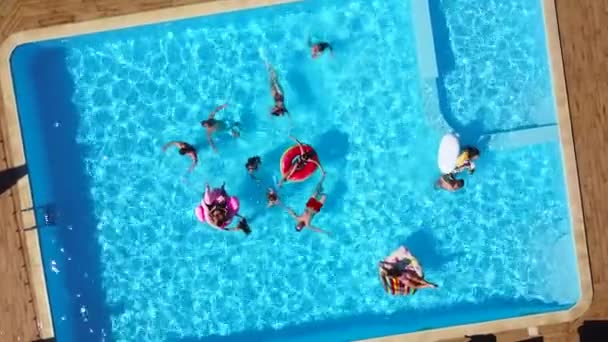 Flygfoto av vänner som har fest i poolen med uppblåsbar flamingo, svan, madrass. Glada unga människor koppla av på lyx resort på solig dag. Utsikt uppifrån. Flickor i bikini som solar i solen. — Stockvideo