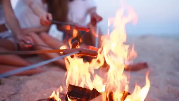 Στενή θέα φίλων τηγάνισμα λουκάνικα κάθεται γύρω από τη φωτιά, πίνοντας μπύρα, παίζοντας κιθάρα στην αμμώδη παραλία. Νεαρή ομάδα ανδρών και γυναικών με ποτά τραγουδούν μαζί παίζοντας κιθάρα κοντά στη φωτιά το σούρουπο. — Αρχείο Βίντεο