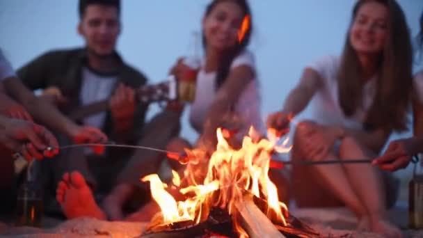 Bliski widok przyjaciół smażących kiełbaski siedzących przy ognisku, pijących piwo, grających na gitarze na piaszczystej plaży. Młoda grupa mężczyzn i kobiet śpiewających na gitarze przy ognisku o zmierzchu. — Wideo stockowe