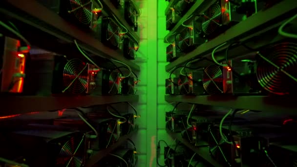 Mineros Bitcoin en una granja grande. Equipo de minería ASIC en estantes de soporte criptomoneda mina en contenedor de acero. Centro de datos de circuito integrado específico para aplicaciones de tecnología de cadena de bloques. Luces de la sala. — Vídeo de stock