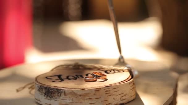 Wedding rings lie on the stump wooden rustic style stand with the inscription "forever" on ceremony for groom and bride — 图库视频影像