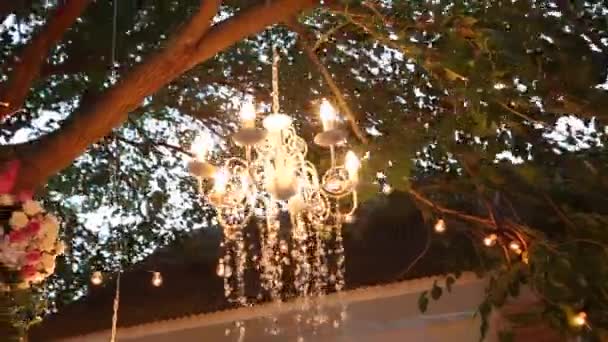 Lustre de cristal com flores e guirlandas brilha na cerimônia de casamento e festa. Decoração de férias, estilo rústico. — Vídeo de Stock