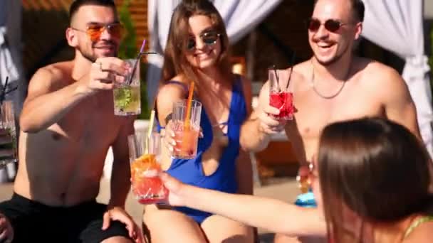 Ganska blandad ras kvinna i snygga solglasögon, baddräkt kylning på rosa uppblåsbar flamingo, dricka cocktail av halm på poolfest. Vänner som har kul med att sola med drinkar sittande vid poolen. — Stockvideo