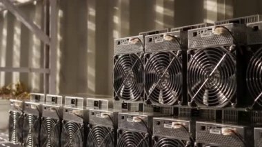 Yükleyici, Bitcoin ASIC madencisini konteyner deposundan aldı. Mover, tezgahtan kripto para madenciliğine kadar altcoin madenciliği ekipmanları topluyor. İşçi depodan yük taşır.