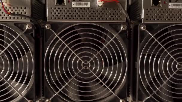 Górnicy Bitcoin ASIC w magazynie. Sprzęt górniczy ASIC na stojakach do kryptowaluty wydobywczej w stalowym pojemniku. Grille wentylatorów i wentylatory do chłodzenia elektroniki. Chłodnice powietrza. — Wideo stockowe