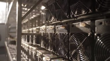Bitcoin ASIC madencileri depoda. ASIC maden ekipmanları çelik konteynırdaki kripto para madenciliği için raflarda. Entegre devre birimleri depolama engelleme teknolojisi uygulaması.
