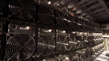 Bitcoin ASIC madencileri depoda. ASIC maden ekipmanları çelik konteynırdaki kripto para madenciliği için raflarda. Entegre devre birimleri depolama engelleme teknolojisi uygulaması.