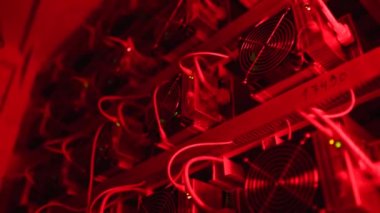 Bitcoin madencileri büyük çiftlikte. Kürsüdeki ASIC madencilik ekipmanları veri tabanında kripto para birimini rafa kaldırıyor. Entegre devre donanımı engelleme teknolojisi uygulaması. Kırmızı ışıklarda sunucu hatası.