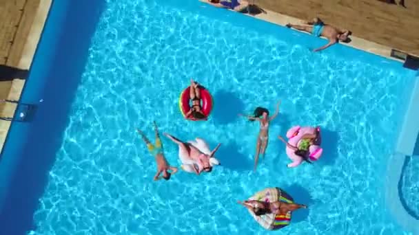 Luchtfoto. Vrienden chillen in het zwembad met opblaasbare flamingo, zwaan, matras. Vrolijke jongeren baden op drijvende matrassen in luxe resort. Zicht van bovenaf. Meisjes in bikini zonnebaden in de zon — Stockvideo