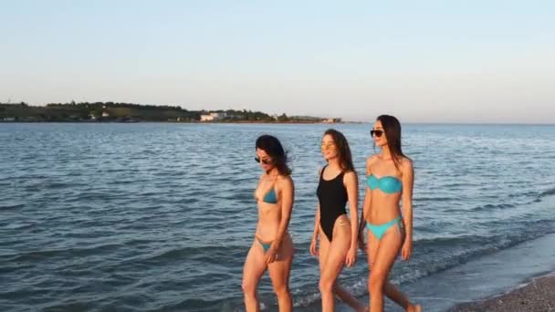 Groep van mooie vrouwelijke vrienden wandelen door de zee op zandstrand tropische strand in zwemkleding. Interraciale vrouwen in bikini opknoping en zonnebaden op zomerse dag buiten. Meisjes in badmode gaan in slow motion. — Stockvideo