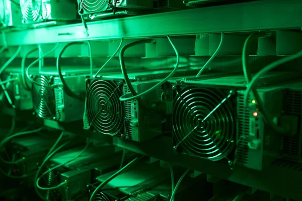 Bitcoin-Miner in einer großen Farm. ASIC-Bergbaugeräte auf Standbrettern fördern Kryptowährungen in Stahlcontainern. Blockchain-Technologie anwendungsspezifisches integriertes Schaltungsrechenzentrum. Serverraumbeleuchtung. — Stockfoto