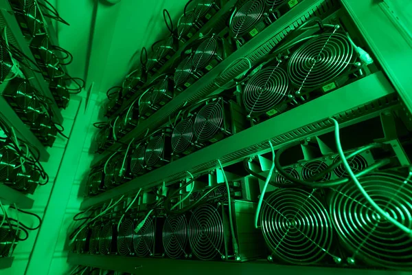 Bitcoin-Miner in einer großen Farm. ASIC-Bergbaugeräte auf Standbrettern fördern Kryptowährungen in Stahlcontainern. Blockchain-Technologie anwendungsspezifisches integriertes Schaltungsrechenzentrum. Serverraumbeleuchtung. — Stockfoto