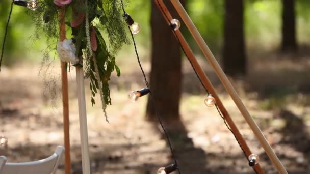 Arco de tipi boêmio feito de varas de madeira decoradas com rosas rosa, velas no tapete, grama pampass, envolto em luzes de fadas no local da cerimônia de casamento ao ar livre em pinhal. Composições florísticas. — Vídeo de Stock