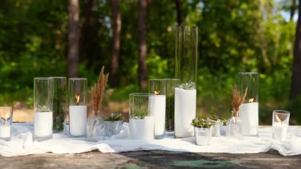 Festa de casamento banquete ao ar livre em pinhal. Mesas de jantar decoradas em estilo boho com velas em vasos de vidro, pano branco, flores suculentas. Eco decoração de composição floral orgânica para férias. — Vídeo de Stock