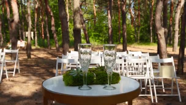 Copos de vinho, anéis de casamento cama de grama e musgo na mesa branca ao lado do arco de Tipi boêmio decorado em estilo boho com flores e velas e cadeiras brancas para convidados. — Vídeo de Stock