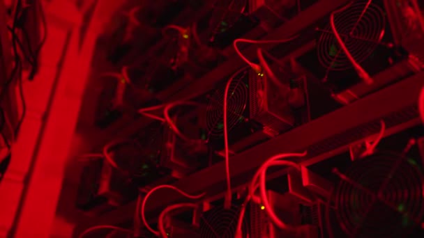 Penambang Bitcoin di peternakan besar. Peralatan tambang ASIC di rak berdiri tambang cryptocurrency di datacenter. Blockchain techology aplikasi spesifik sirkuit terintegrasi rig. Kegagalan server dalam lampu merah. — Stok Video