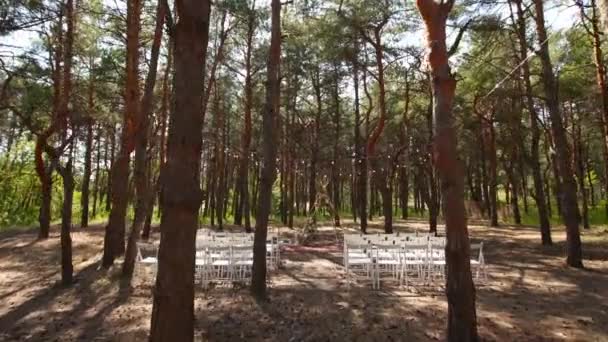 Krásné bohémské tipi obloukové dekorace na venkovní svatební obřad místo v borovém lese. Židle, květinové kompozice. Letní krajina svatební koncept — Stock video