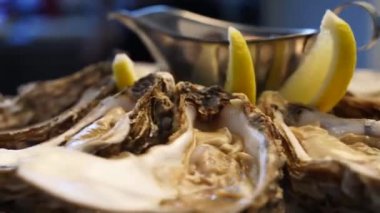 Lüks restoran ziyaretçileri için servis edilen limonlu taze istiridye tepsisi. Gurmeler için geleneksel meditaryen deniz ürünleri.